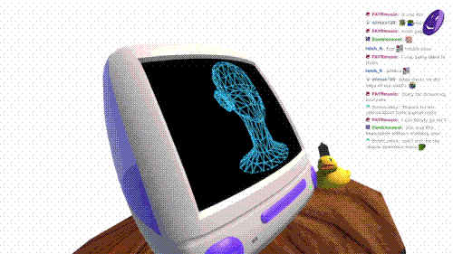 A picture of the head/iMac/duck virtual model during a stream, dutch angle composition.